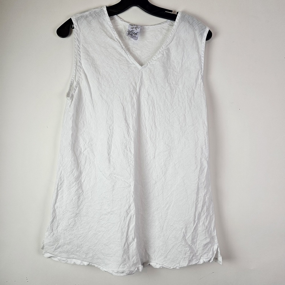 Match Point Top SHIRT Tank White 100% Linen Sleeveless Large Vacation Boho